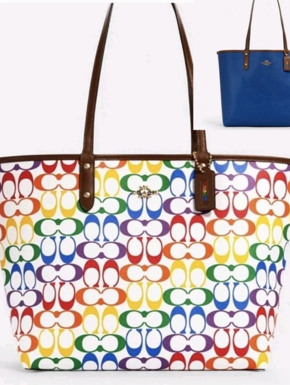 Coach Reversible Rainbow To Blue. Limited Edition On White Lg. Tote. Authentic* - Picture 3 of 7